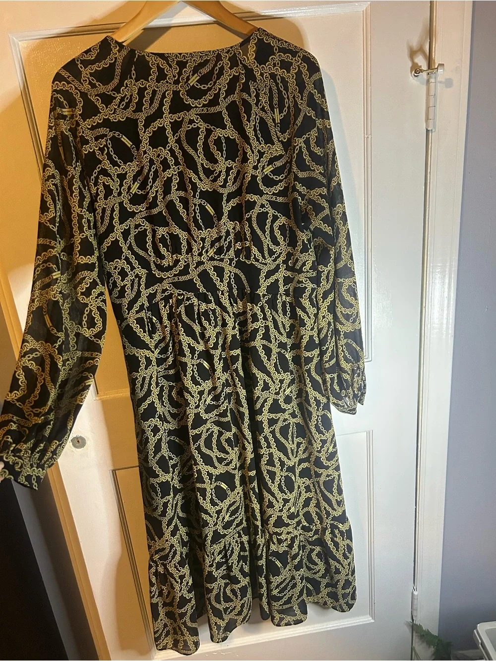 Michael Kors Dress XL Black Gold Chain Print Slinky Chiffon Long Sleeves